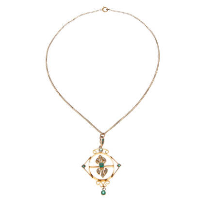 An emerald and diamond pendant, bezel and claw set mixed cut emeralds of estimated total weight 0.60 carats, accented with twenty-two bead set senaille cut diamonds of estimated total weight 0.28 carats, hung on a fine chain. Pendant 18ct, chain 10ct yell