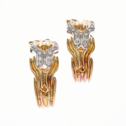 A pair of diamond and gold hoop earrings, twenty round brilliant cut diamonds of estimated total weight 0.25 carats. Weight 13.7 grams. Length 24mm. Gemologist's report available.