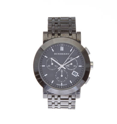 A Gentleman's ceramic wristwatch, Burberry, circa 2011. Quartz. 40mm. Ref. BU1771, Serial number 10558. Chronograph. Black dial and subdials, date aperture at 4 o'clock, applied silver batons. Box and extra links.