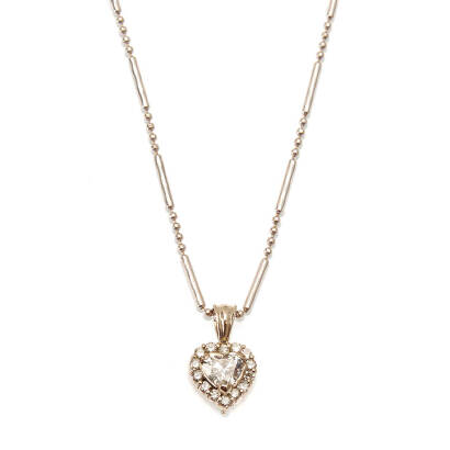 A diamond heart cluster pendant, the heart shaped pendant consists of claw set heart cut diamond centre, accented with fourteen round brilliant cut diamonds, hung on a bead and bar chain. White gold. Weight 4.0 grams. Pendant length 1.5cm. Chain length 40