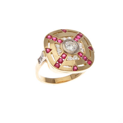 A diamond and ruby ring, bezel set round brilliant cut diamond centre of estimated weight 0.34 carat, accented with sixteen channel set round cut rubies of estimated total weight 0.85 carats and twelve round brilliant cut diamonds of estimated total weigh