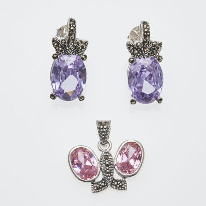 Silver Pink Stone Marcasite Earrings and Pendant Set