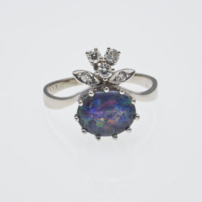 14ct White Gold Opal and Diamond Ring