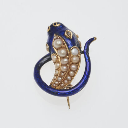 10ct Victorian Enamel and Pearl Snake Head Brooch
