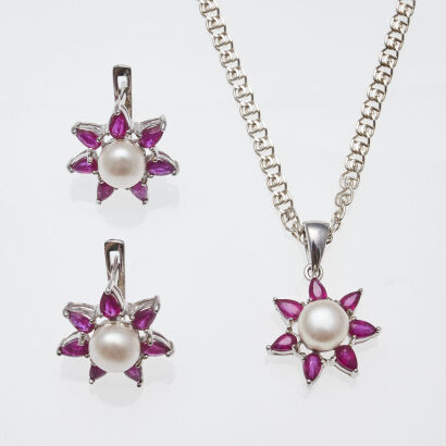 Silver Ruby and Pearl Set