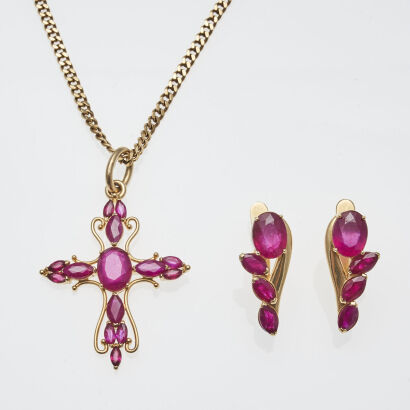 18ct Ruby Cross Pendant and Earrings Set