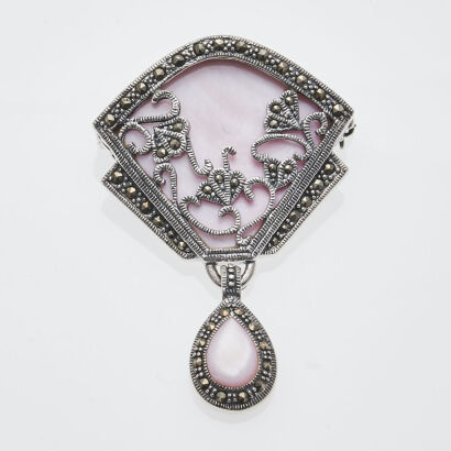 Silver Pink Shell and Marcasite Brooch