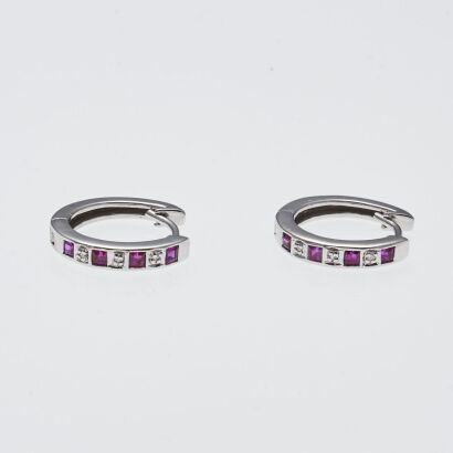 9ct White Gold Ruby and Diamond Huggie Earrings