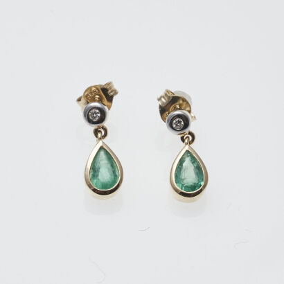 9ct Pear Shape Emerald and Diamond Drop Earrings