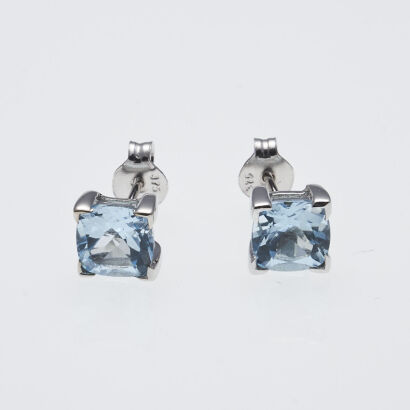 9ct White Gold Blue Topaz Cushion Cut Earrings