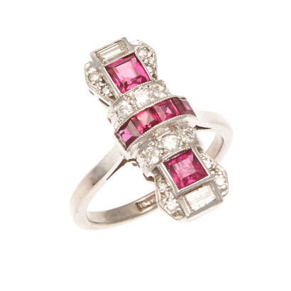 Platinum Art Deco Ruby and Diamond Ring