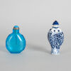 A Chinese Peking Glass Snuff Bottle and a Blue and White Fish-shaped Snuff Bottle
