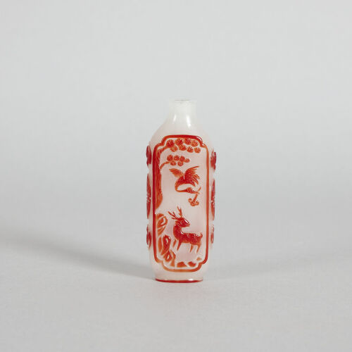 A 20th Century Chinese Peking Glass 'Deer and Crane' Snuff Bottle