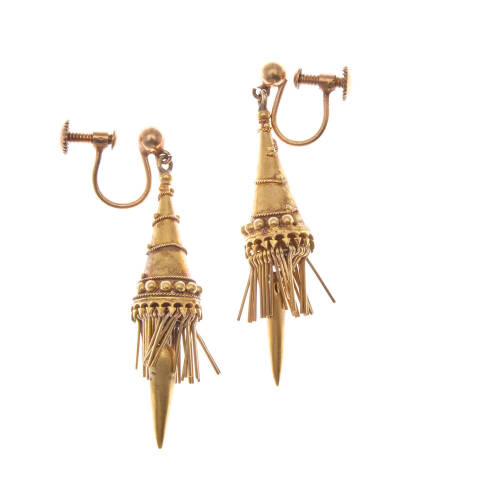 A pair of gold tassel earrings, decorative cone cap with needle tassels. Gold. Weight 4.4 grams. Length 42mm. Screw on attachments.