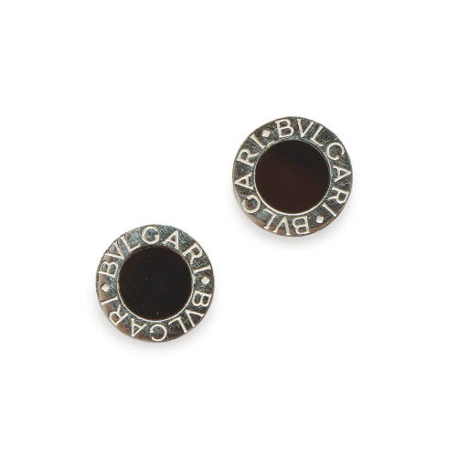 A pair of Bulgari Bulgari disk earrings, Bulgari. Disk earring with onyx inlay. 18ct white gold. Weight 6.5 grams. Diameter 13mm. Original box.