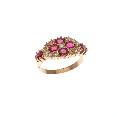 A ruby and diamond cluster ring, four oval cut rubies of estimated total weight 1.02 carats, accented with thirteen single cut diamonds of estimated total weight 0.35 carats. 18ct yellow gold. 4.2 grams. Size L. Gemologist's report available.