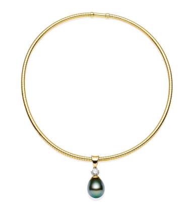 A Tahitian pearl and diamond pendant on collar, the 14.5mm drop-shaped Tahitian pearl with a brilliant cut diamond surmount suspended from a flexible gold collar. Estimated diamond weight 0.62 carat. 18ct yellow gold. weight 34.5 grams. Length 41cm.