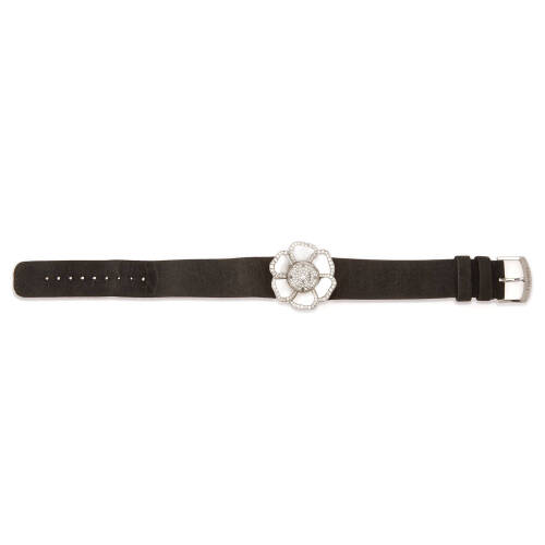 A Lady's white gold Camelia wristwatch, Chanel. Quartz. 27mm. Ref H1190. Serial number Z.E.37824. Pave diamond dial with black diamond markers. Diamond bezel. 18ct white gold. Original black stain strap and buckle.