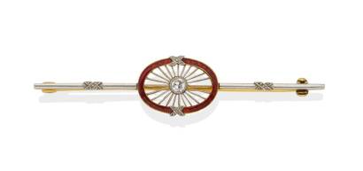 An Edwardian diamond and enamel bar brooch. 18ct yellow and white gold. Weight 5.6 grams. Length 6cm.