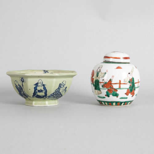 A Chinese Blue and White 'Eight Immortals' Octagonal Bowl (Da Qing Yongzheng Nian Zhi Mark), A Chinese Famille Rose 'Figural' Lidded Jar (Qianlong Nian Zhi Mark)