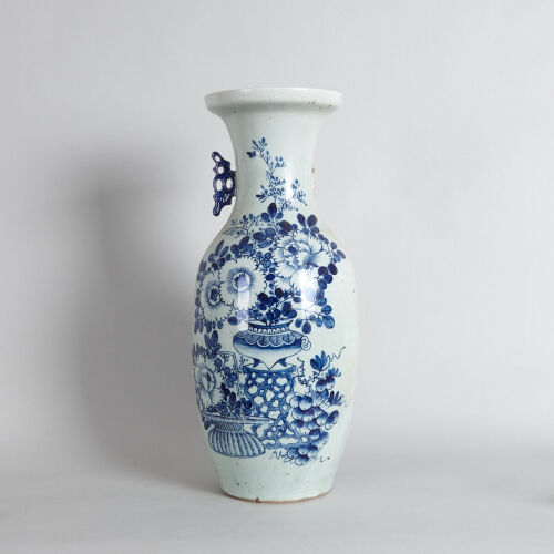 A Chinese Late Qing Dynasty Blue and White Vase (one handle fragmented)