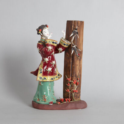 A Chinese Foshan Ceramic Chinese Lady Statue