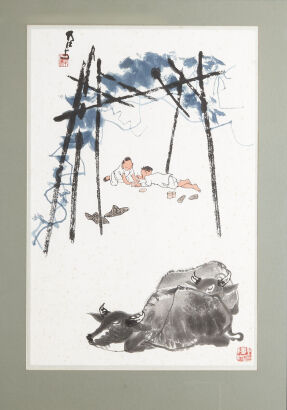 A Woodblock Print of Boys and Buffalo (Li Keran Mark)