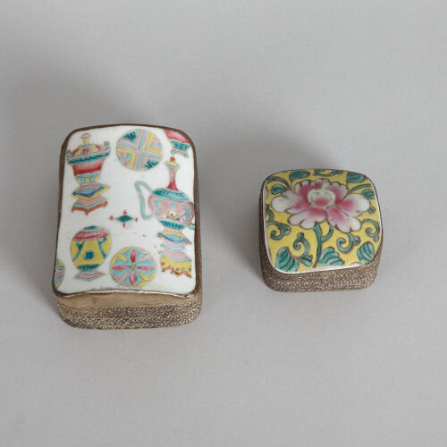 Two Chinese Famille Rose Tile Inlaid Silver Boxes