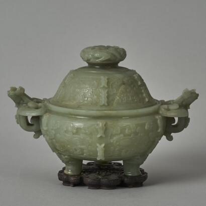 A Chinese Jade Carved Incense Burner with origianal base