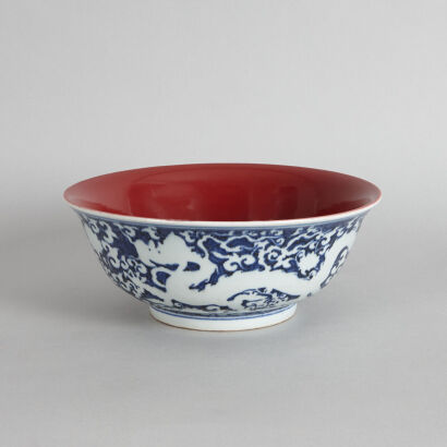 A Chinese Red-glazed Inside, Blue and White 'Dragon' Bowl (Da Ming Xuande Nian Zhi Mark)