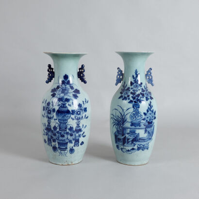 A Pair of Chinese Late Qing Dynasty Blue and White 'Floral' Vases