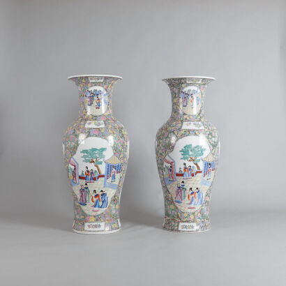 A Pair of Chinese Gilted Famille Rose 'Figural' Vases