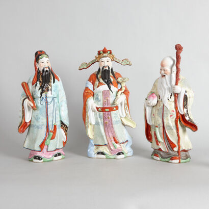 Three Mid-20th Century Chinese Famille Rose Statues of Gods of Fortune, Prosperity and Longevity