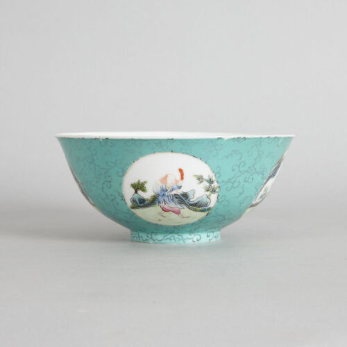 A Chinese Turquoise Ground Famille Rose Medallion Bowl (Da Qing Jiaqing Nian Zhi Mark)