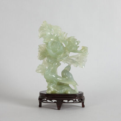 A Chinese Jade Carved 'Floral and Bird' Ornament and Wooden Base