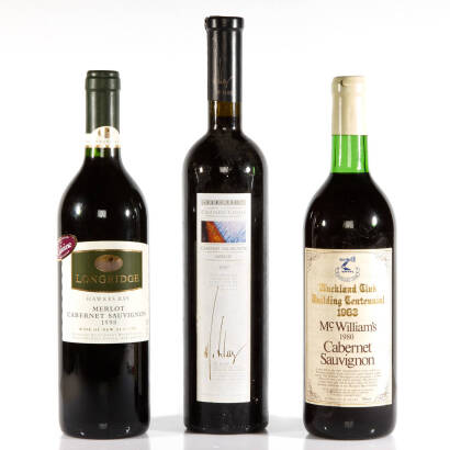 3 Bottles of Cabernet Sauvignon, 1980 McWilliams (TS), 1997 W. Klug, Selection des Grands Chais (HF), 1998 Longridge Merlot (IN)