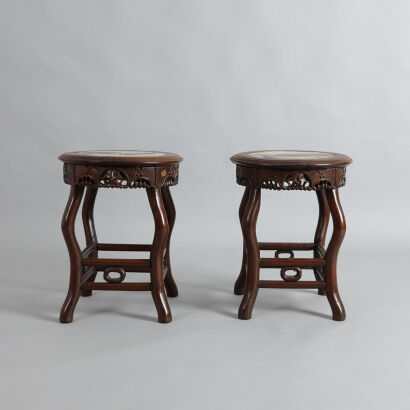 A Pair of Chinese Wooden Stools with Marble Tops