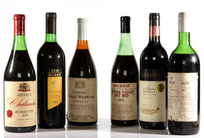 6 Bottles of Red: 1979 Seppelt Chalambar Burgundy (MS), 1972 Brickman Hunter Valley (LMS), 1966 Seppelt Great Western Burgundy (US), 1966 McWilliams Cabernet Shiraz (LMS), 1992 Jim Barry Cabernet Sauvignon (IN), 2001 Taylors Clare Valley Shiraz (HF)