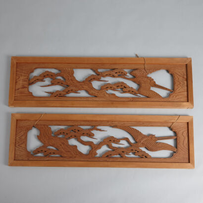 A Pair of Japanese Wood Carved Panels