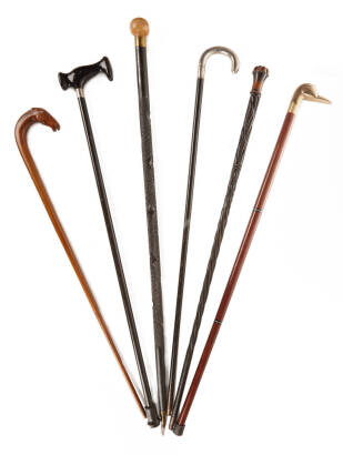 6 Assorted Wooden Walking Sticks Some with Silver Mounts