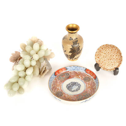 Cloisonne Vase, Satsuma Dish, Hardstone Grapes etc.