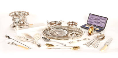 Selection of Assorted Silver Plated Trays, Spoons, etc.