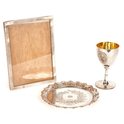 Sterling Silver Tray together with Presentation Cup and Frame