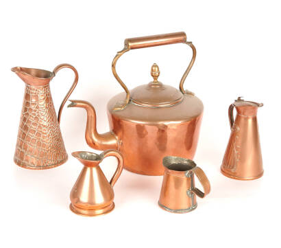 Large Victorian Copper Kettle, 3 Jugs & Measures (5)