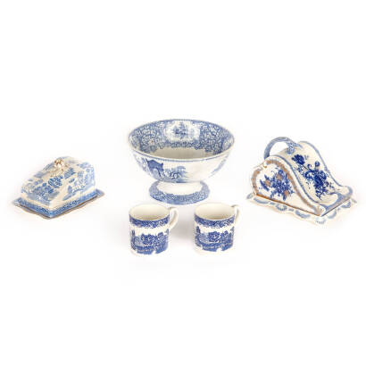 Assorted Blue and White China including, Mugs, Comport and Wedges