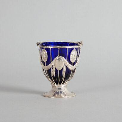 A Large Sterling Silver and Blue Glass Footed Salt Bowl