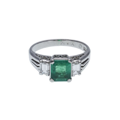 Platinum Vintage Emerald and Diamond Ring