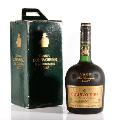 (1) Cognac Courvoisier Fine Champagne V.S.O.P, Motibhai & Co. Ltd Nadi Airport, Fiji, 1 US Quart (Boxed)