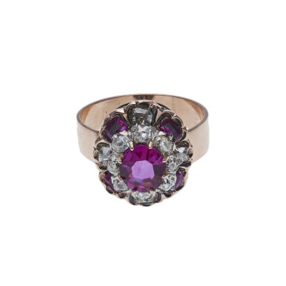 18ct Rose Gold Vintage Synthetic Ruby and Diamond Ring