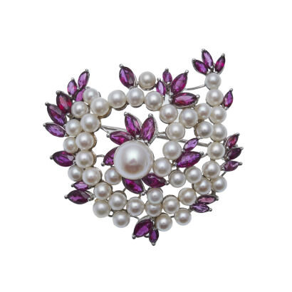 9ct White Gold Vintage Ruby and Pearl Brooch